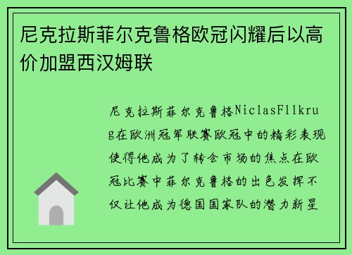 尼克拉斯菲尔克鲁格欧冠闪耀后以高价加盟西汉姆联